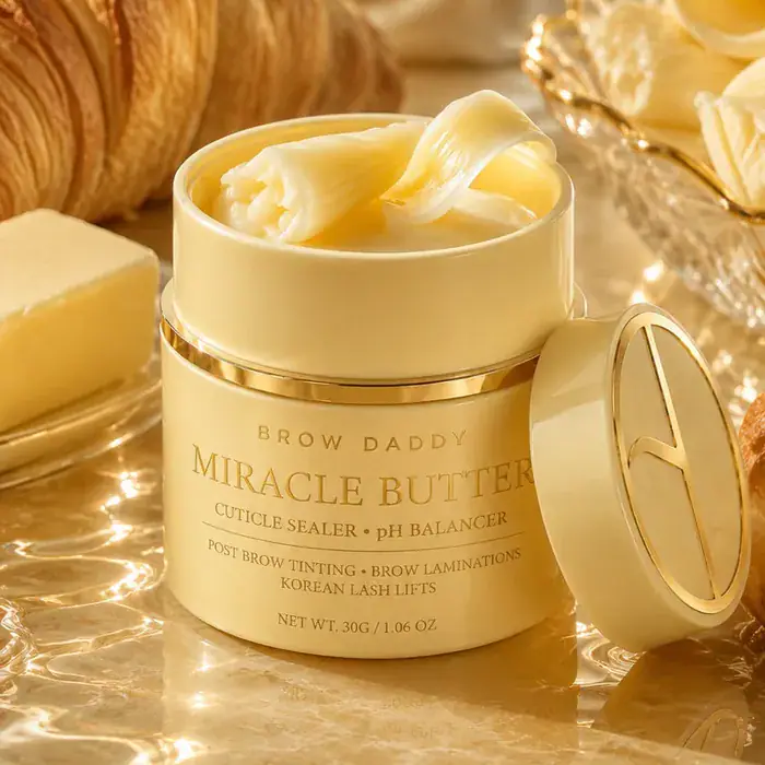 BROW DADDY MIRACLE BUTTER cuticle sealer and pH balancer in a gold jar